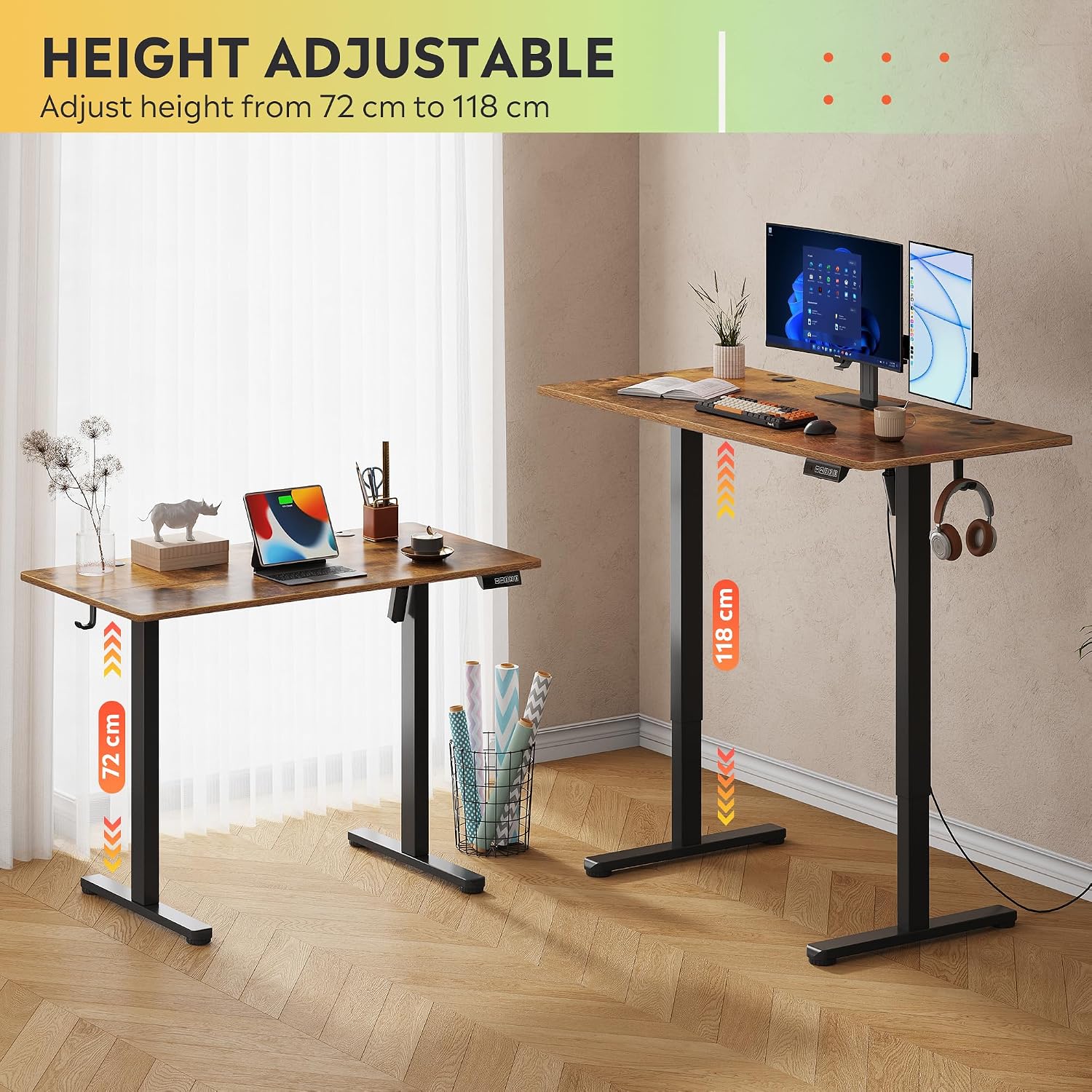 DEVAISE Electric Standing Desk Height Adjustable 120×60 cm, Sit Stand Desk with Memory Smart Pannel, Splice Board, Quiet Operation, Sturdy Metal Frame for Home Office, Brown - Image 5