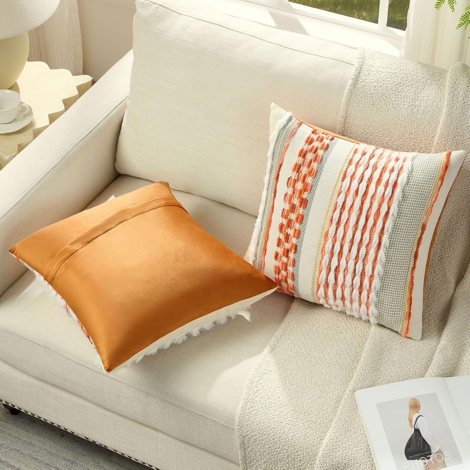 FUTEI Set of 2 Chenille Tufted Cushion Covers 45x45 cm,Orange - Image 4