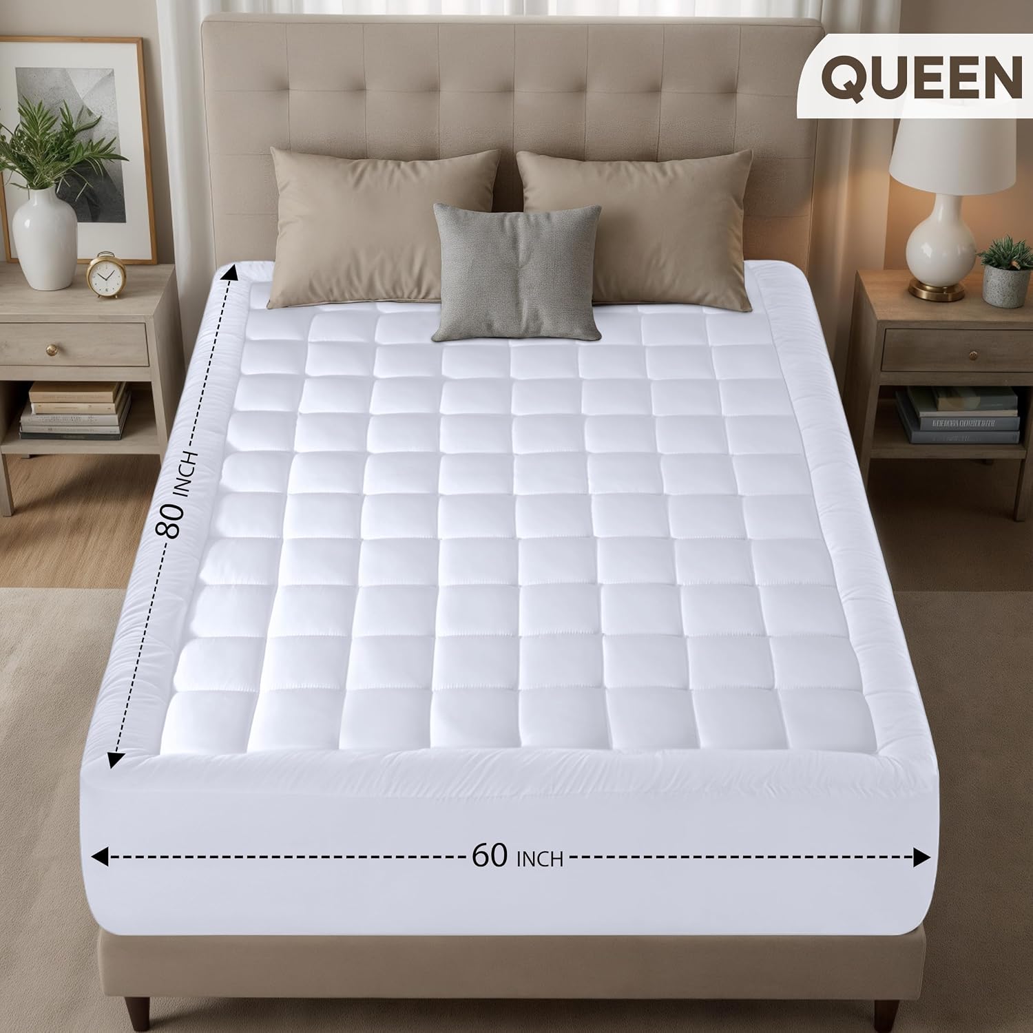 Utopia Bedding Mattress Topper Queen, Quilted Mattress Pad with Elastic Corner Straps, Deep Pocket Fit Up to 16 inches, Microfiber Filled Bed Topper, Soft & Comfortable - Image 2