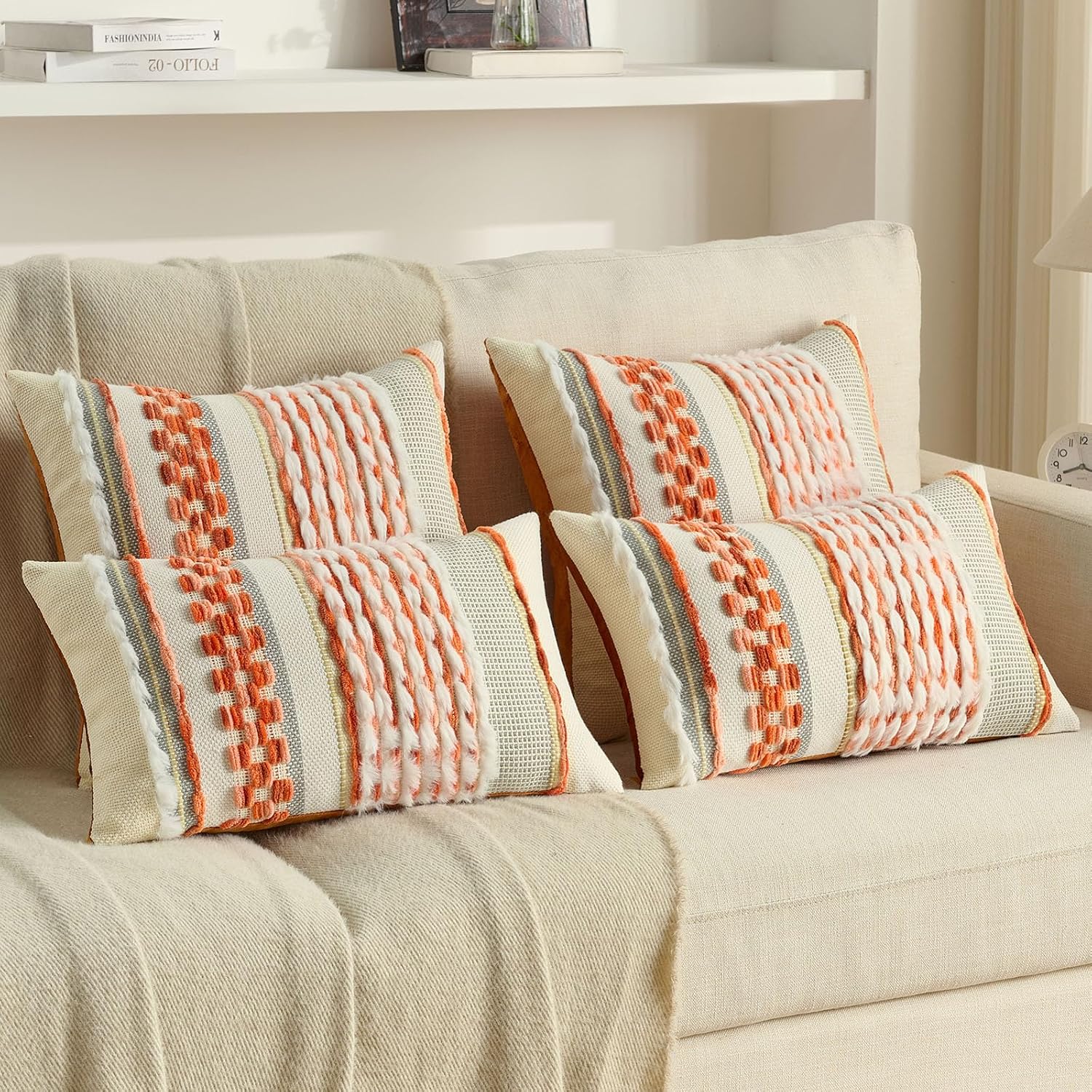 FUTEI Set of 2 Chenille Tufted Cushion Covers 45x45 cm,Orange - Image 5