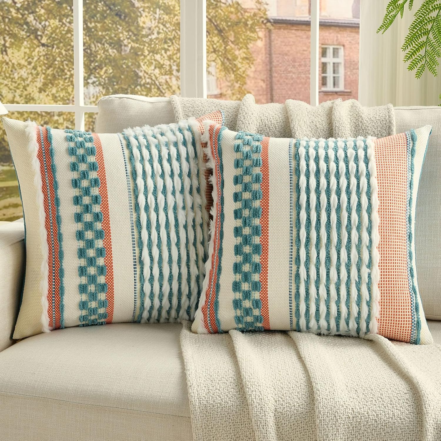 FUTEI Set of 2 Chenille Tufted Cushion Covers 45x45 cm,Teal