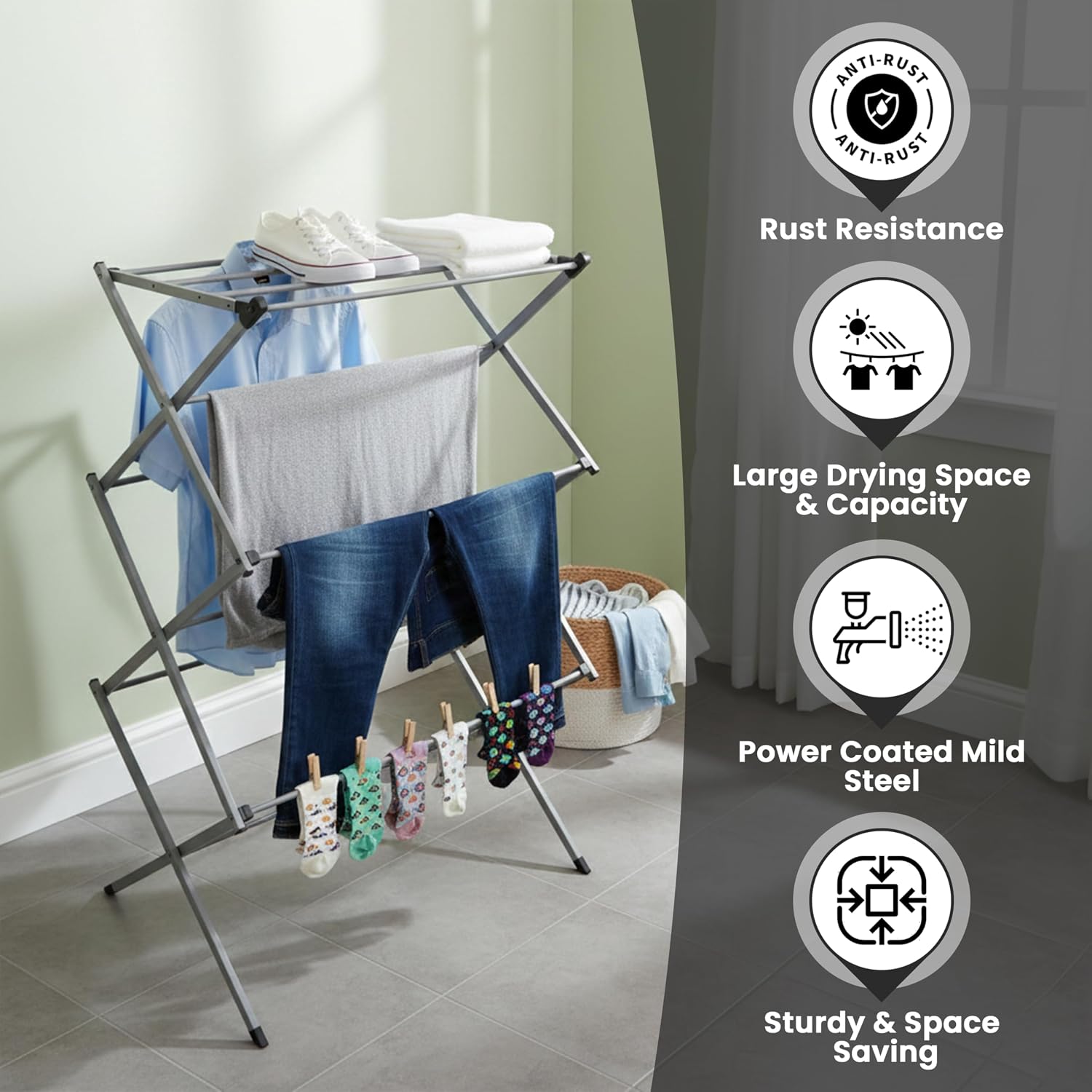 Expandable Clothes Drying Rack-Foldable 3-Tier Laundry Drying Rack, Adjustable Towel Rack Air Drying Clothing - Indoor & Outdoor Foldable Drying Racks Horse Airer, Grey - Image 5