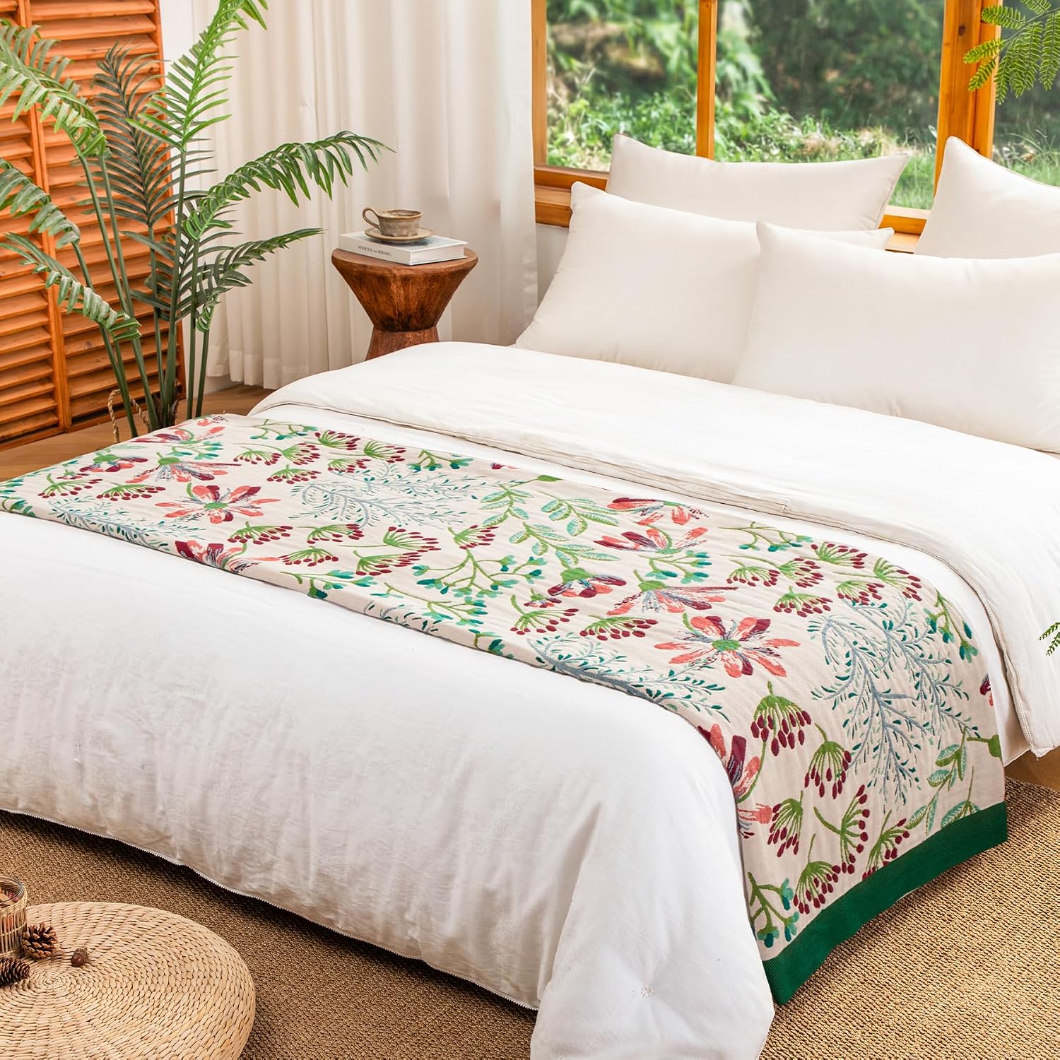 Bohemian Throw Blanket for Sofa 150x200cm, 100% Organic Cotton Woven Picnic Blanket for Bed Couch 2-3 Seater, Soft Muslin Quilt with Floral Jacquard, Double-sided Bedspread Throws Green/White - Image 8