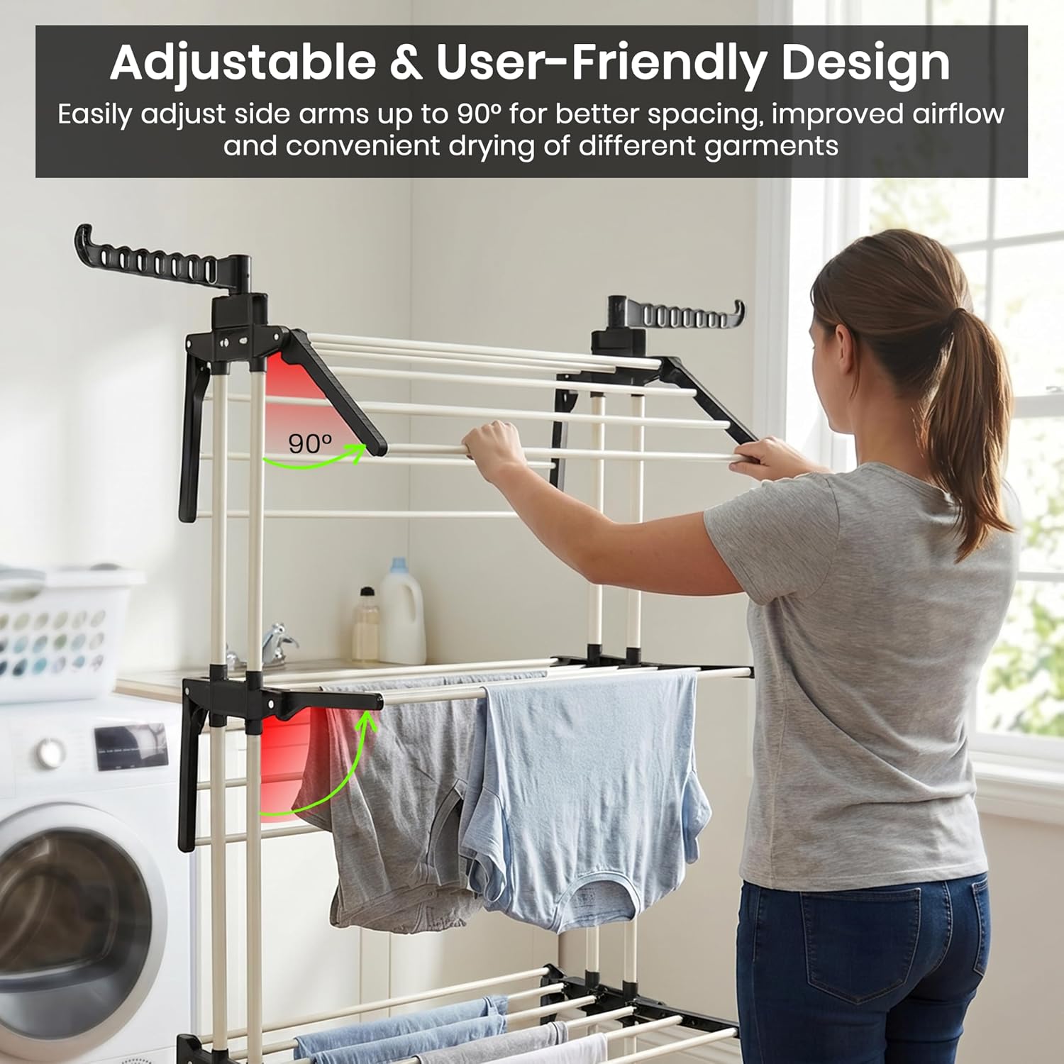 Aspect Heavy Duty Clothes Airer, Large 4-Tier Foldable Clothes Drying Rack With 2 Adjustable Side Wings & Wheels, Space Saving Free-Standing Laundry Rack For Indoor-Outdoor Use - Image 6