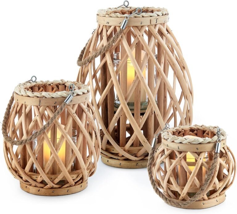 LIVIVO Set of 3 Wicker Candle Lantern Holder Basket Jar Made from Hemp Rope & Willow Twigs – Perfect for Indoor Outdoor Decorative Candle Lantern for Garden Living Room Home Office (Natural)