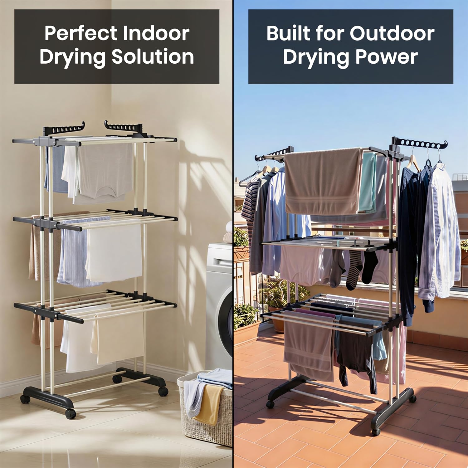 Aspect Heavy Duty Clothes Airer, Large 4-Tier Foldable Clothes Drying Rack With 2 Adjustable Side Wings & Wheels, Space Saving Free-Standing Laundry Rack For Indoor-Outdoor Use - Image 5