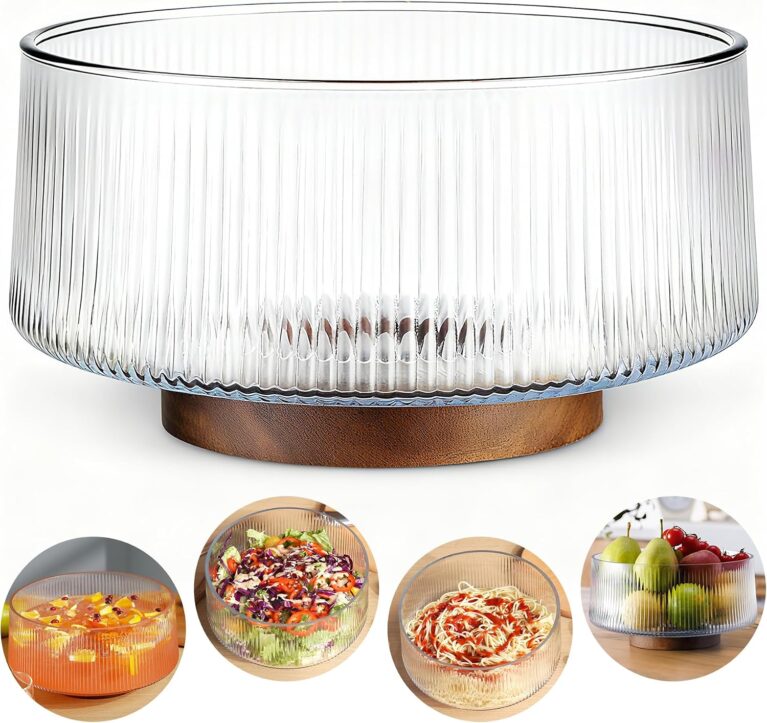NiHome Glass Salad Bowl 4.5L, Ribbed Dessert Fruit Bowl, Acacia Wood Base