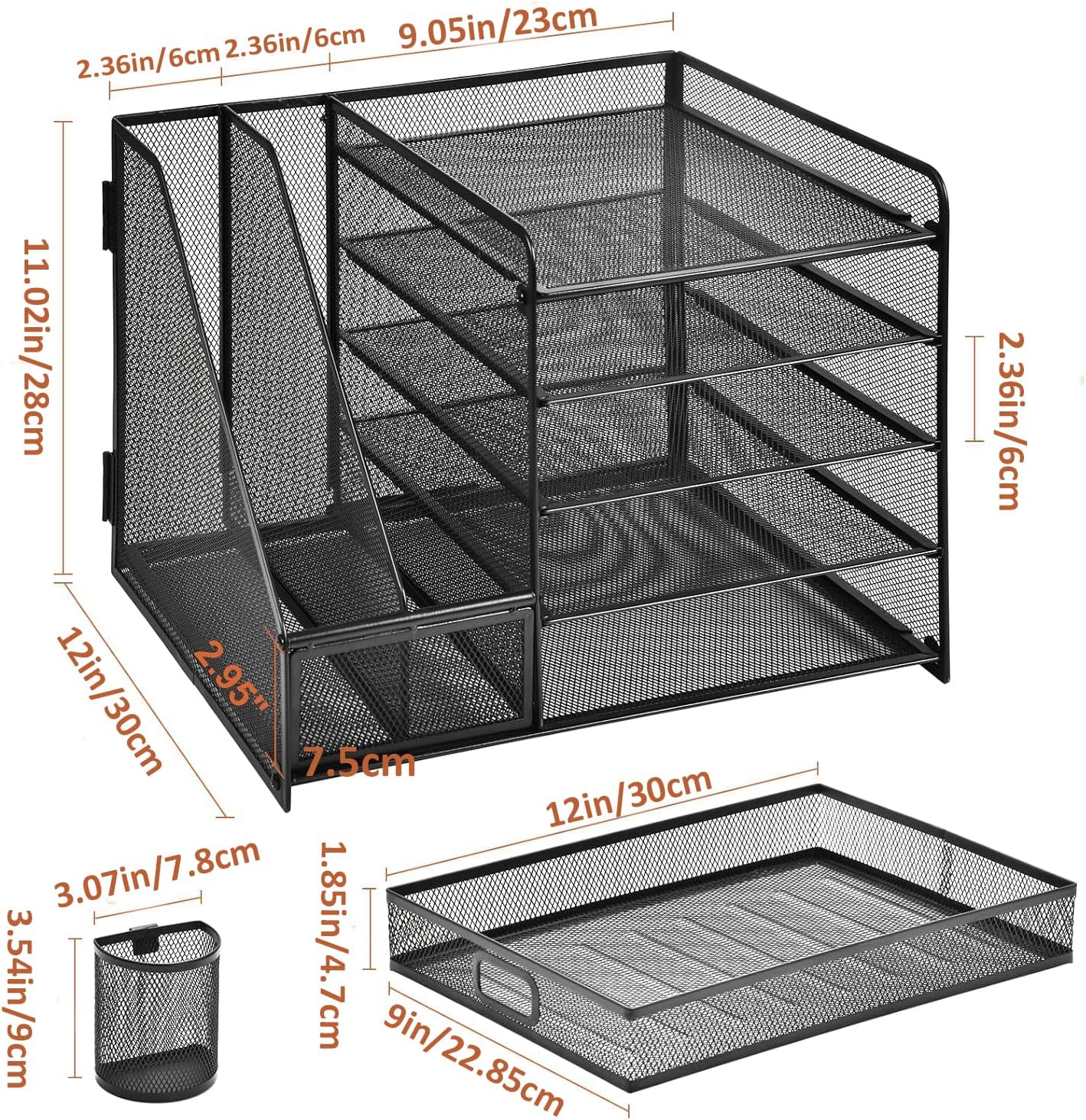 Marbrasse Desk Organiser File Holder,5-Tier Paper Letter Tray Organiser with Drawer,2 Pen Holder,Mesh Desktop Storage with Magazine Holder for Office Supplies(Black) - Image 8