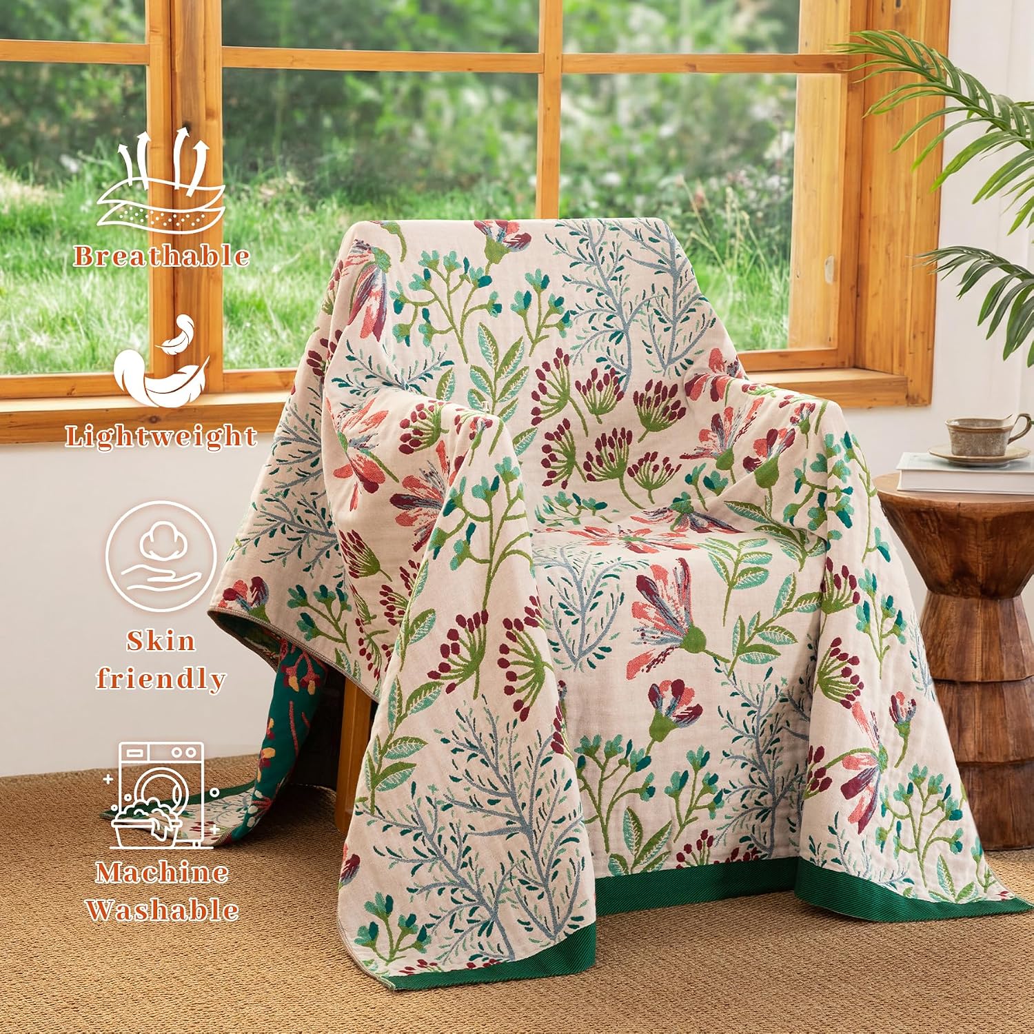 Bohemian Throw Blanket for Sofa 150x200cm, 100% Organic Cotton Woven Picnic Blanket for Bed Couch 2-3 Seater, Soft Muslin Quilt with Floral Jacquard, Double-sided Bedspread Throws Green/White - Image 5