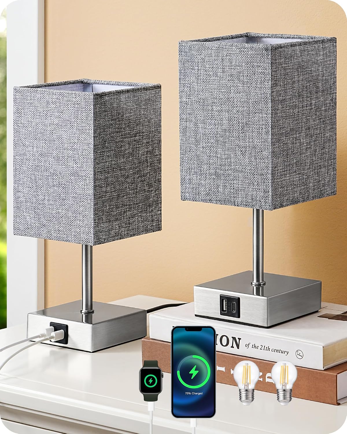 EDISHINE Touch Bedside Lamps Set of 2, 3-Way Dimmable with USB A+C Ports