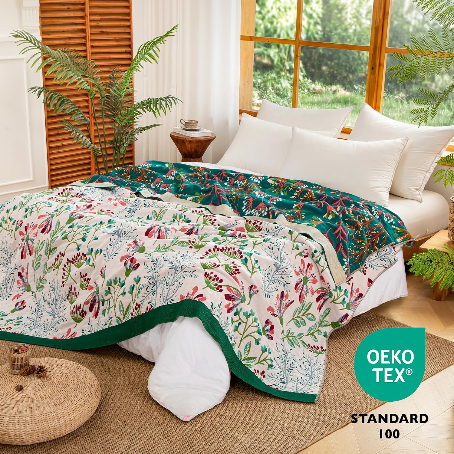 Bohemian Throw Blanket for Sofa 150x200cm, 100% Organic Cotton Woven Picnic Blanket for Bed Couch 2-3 Seater, Soft Muslin Quilt with Floral Jacquard, Double-sided Bedspread Throws Green/White - Image 2