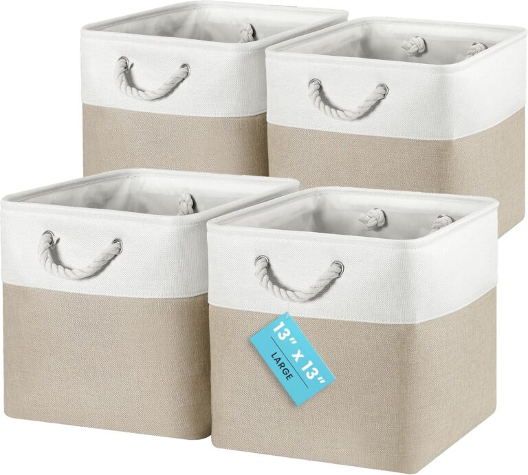 OrganiHaus Fabric Storage Boxes, Set of 4 Foldable 33X33 Cube Organiser Bins with Rope Handles for Shelves, Nursery & Closet, Collapsible Storage Baskets for Toys, Clothes & More - Beige/Off-White