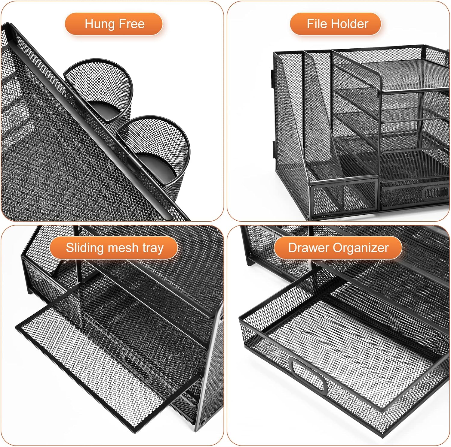 Marbrasse Desk Organiser File Holder,5-Tier Paper Letter Tray Organiser with Drawer,2 Pen Holder,Mesh Desktop Storage with Magazine Holder for Office Supplies(Black) - Image 7