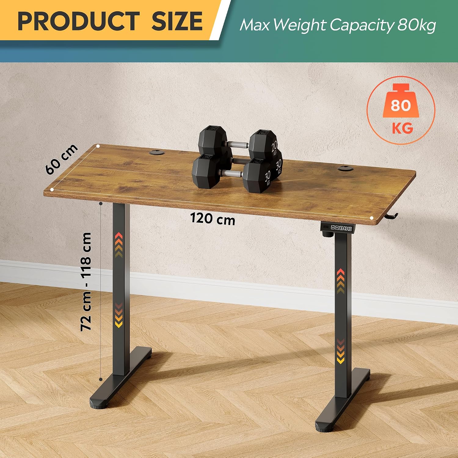 DEVAISE Electric Standing Desk Height Adjustable 120×60 cm, Sit Stand Desk with Memory Smart Pannel, Splice Board, Quiet Operation, Sturdy Metal Frame for Home Office, Brown - Image 3