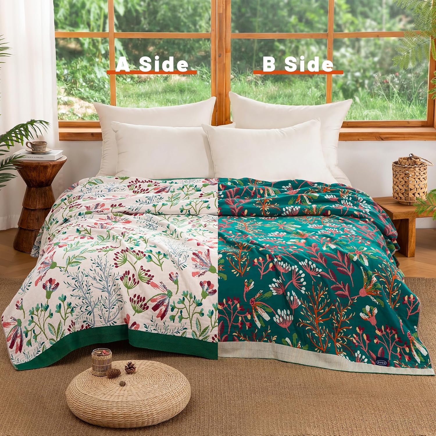 Bohemian Throw Blanket for Sofa 150x200cm, 100% Organic Cotton Woven Picnic Blanket for Bed Couch 2-3 Seater, Soft Muslin Quilt with Floral Jacquard, Double-sided Bedspread Throws Green/White - Image 3