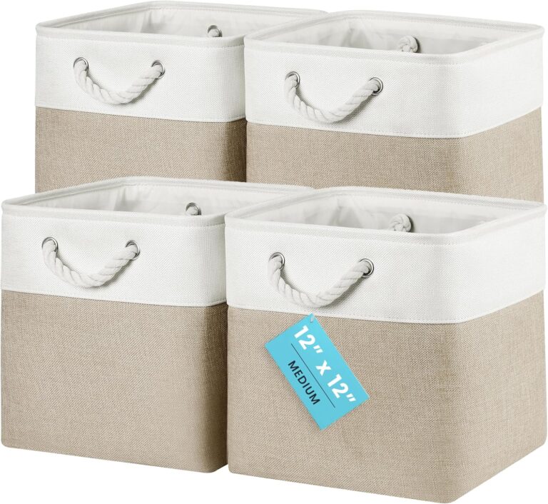 OrganiHaus Fabric Storage Boxes, Set of 4 Foldable 30X30 Cube Organiser Bins with Rope Handles for Shelves, Nursery & Closet, Collapsible Storage Baskets for Toys, Clothes & More - Beige/Off-White