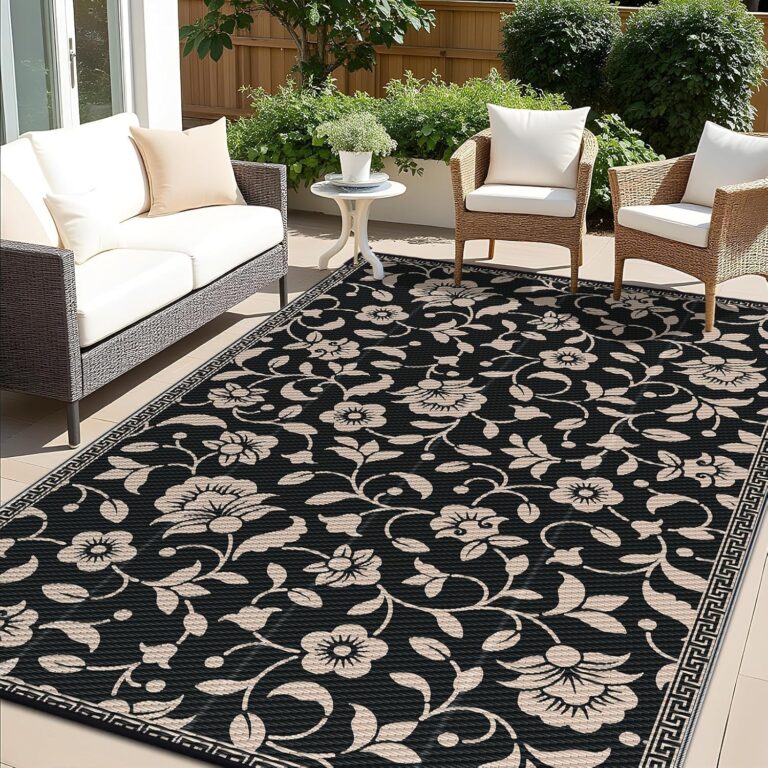 smiry Flower Pattern Garden Outdoor Rug Waterproof 180x270 cm, Black&Beige