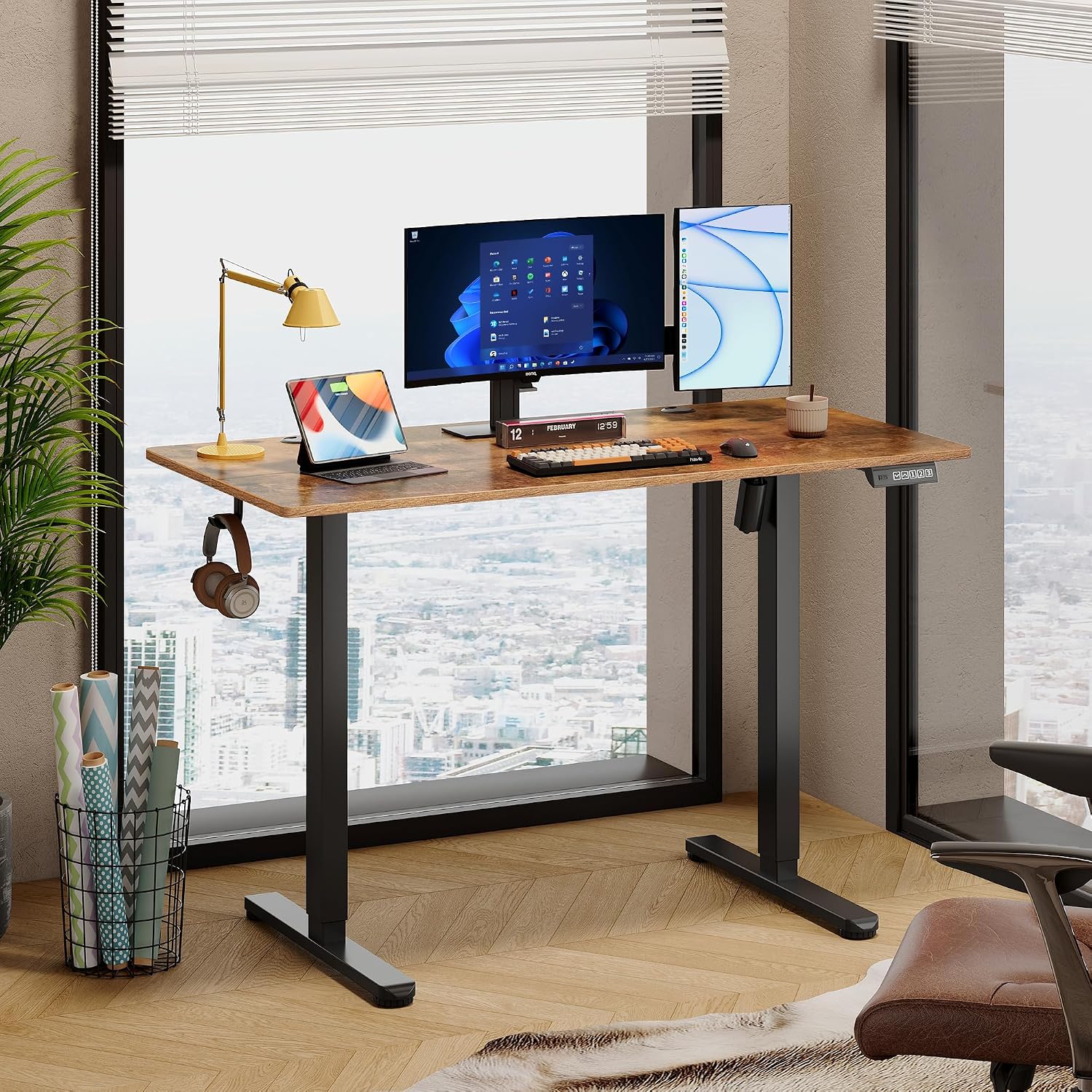 DEVAISE Electric Standing Desk Height Adjustable 120×60 cm, Sit Stand Desk with Memory Smart Pannel, Splice Board, Quiet Operation, Sturdy Metal Frame for Home Office, Brown - Image 2