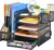 Marbrasse Desk Organiser File Holder,5-Tier Paper Letter Tray Organiser with Drawer,2 Pen Holder,Mesh Desktop Storage with Magazine Holder for Office Supplies(Black)
